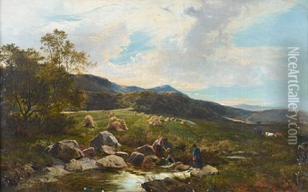 Landscape With Children Playing By A Stream Oil Painting - Sidney Richard Percy