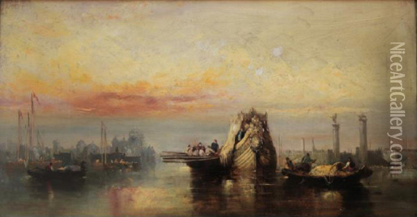 Barges And Other Vessels On The Venetian Lagoon, Sunset Oil Painting - Edward Pritchett