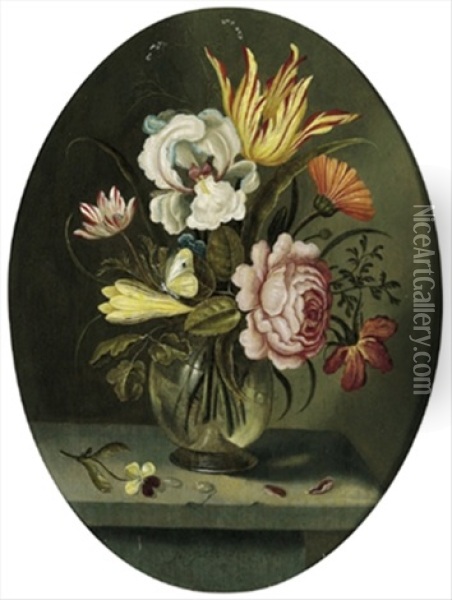 Blumenstraus Mit Tulpen, Einer Rose Und Anderen Bluten Sowie Einem Zitronenfalter In Einer Glasernen Vase Oil Painting - Abraham Bosschaert