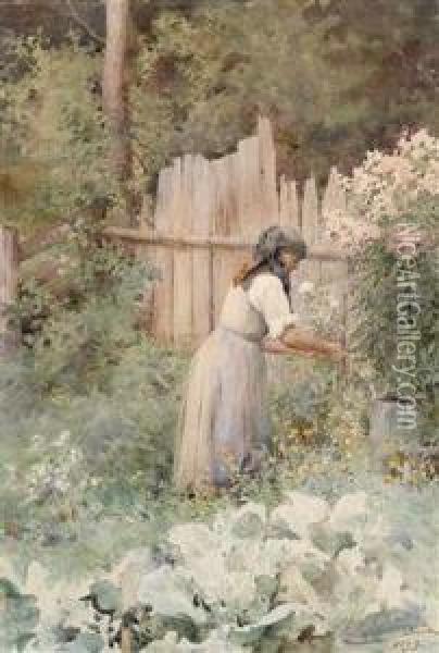 A Peasantwoman In Her Vegetable Garden Oil Painting - Ernestine Von Kirchsberg