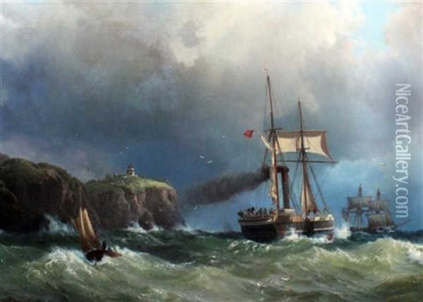 The Irish Packet Cambria Passing The Lighthouse On St. Ann's Head, Pembrokeshire On Her Run In To Milford Haven Oil Painting - Vilhelm Melbye