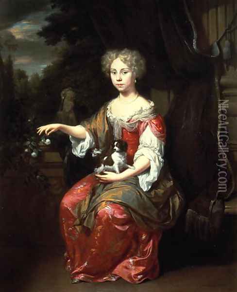 Portrait of a Lady holding her pet King Charles Spaniel Oil Painting - Jan Verkolje