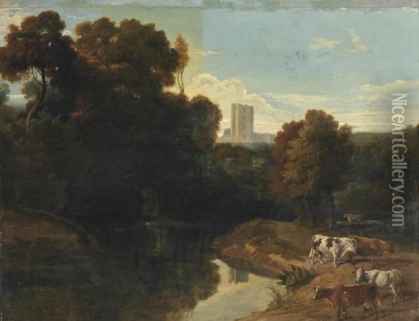 Cattle By A River In A Wooded Landscape, A Castle Beyond Oil Painting - William Tomkins