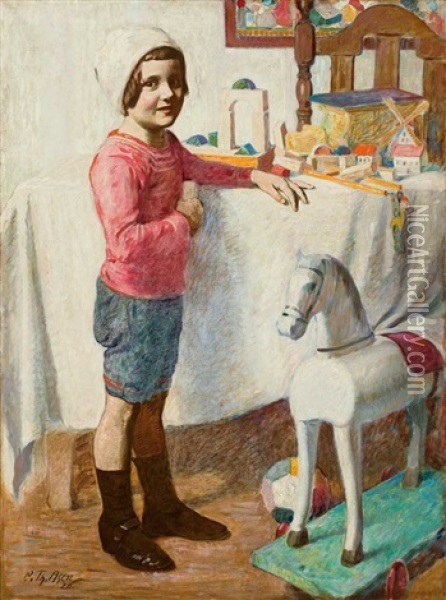 Portrait Eines Knaben Am Tisch Mit Spielzeug, Daneben Ein Ziehpferd Und Ball Oil Painting - Karl Theodor Asen