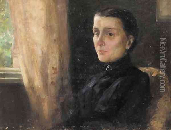 Portrait of a lady, bust-length, seated in an interior, wearing a black dress Oil Painting - English School