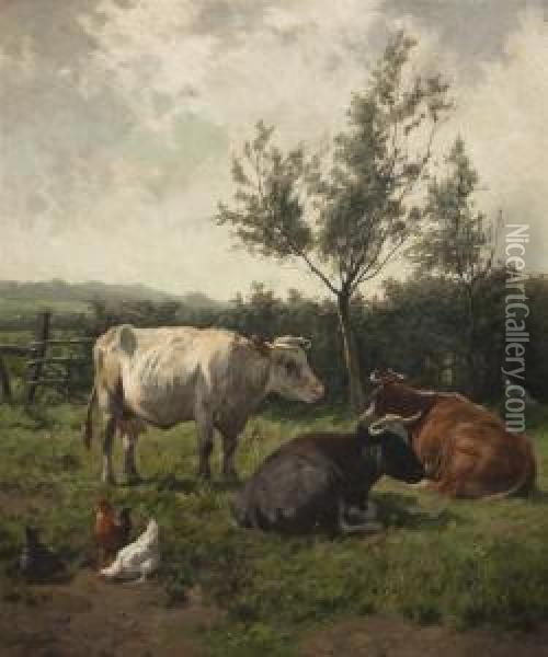 Chickens And Cows Oil Painting - Emile Van Damme-Sylva