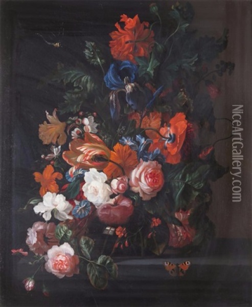 Summer Still Life With Roses, Tulips, Iris And Other Flowers Oil Painting - Ernst Stuven