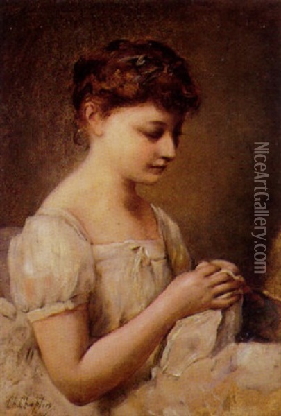 Portrait Of A Young Woman Mending Oil Painting - Charles Joshua Chaplin
