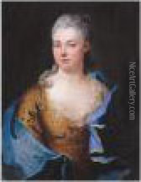 Portrait Of A Lady, Half Length, Wearing An Ochre Dress And A Blue Mantle Oil Painting - Nicolas de Largillierre