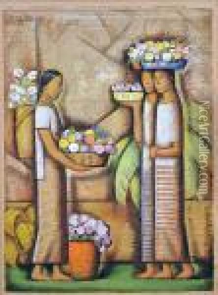 Three Women With Baskets Of Flowers Oil Painting - Alfredo Ramos Martinez