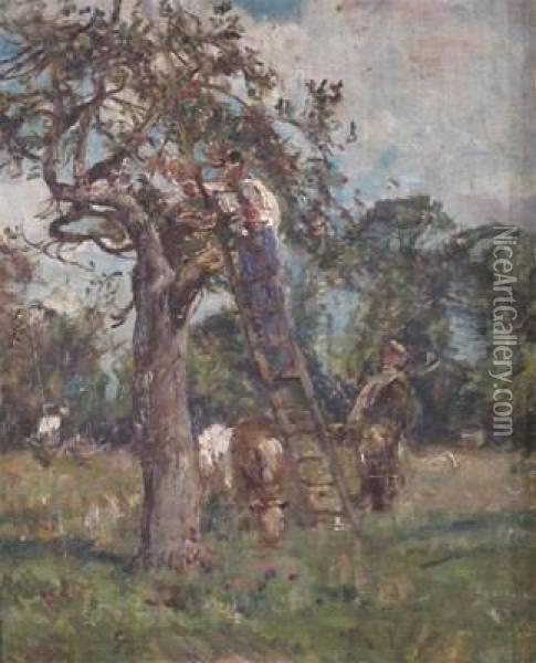 Gathering Apples, Normandy Oil Painting - William Mark Fisher