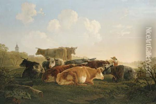 Cattle And A Herder Resting In A Landscape Oil Painting - Jacob Van Stry