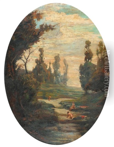Badende In Einer Bewaldeten Flusslandschaft Oil Painting - Antonio Fontanesi