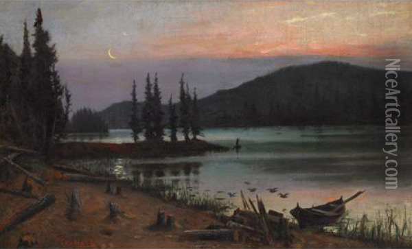 Lake And Mountains At Sunset Oil Painting - Charles Ed. Masson Huot