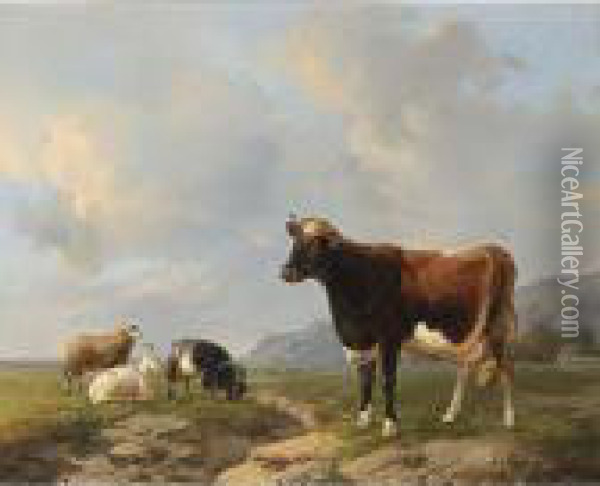Cattle In A Summer Landscape Oil Painting - Louis Marie Dominique Romain Robbe