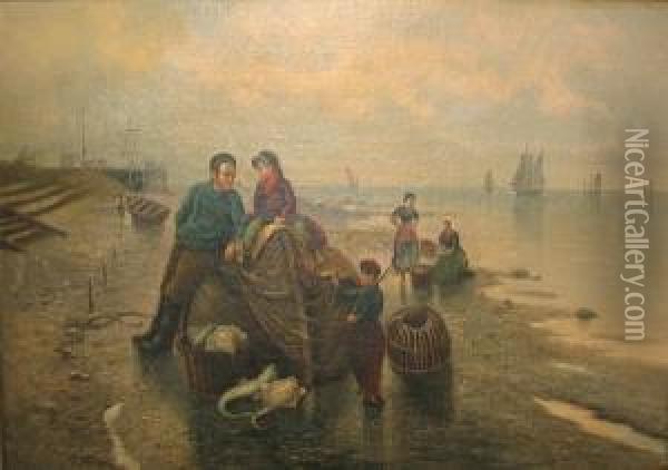 A Fisherman With His Family At Water's Edge Oil Painting - Ville Jais-Nielsen