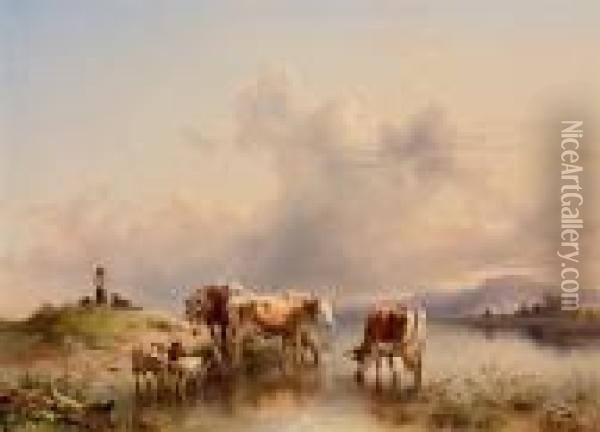 Gregge Con Pastore E Contadinella In Riva Al Lago Oil Painting - Friedrich Gauermann