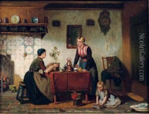 Interior In The North Of Holland: Tea-time Oil Painting - Sipke Kool