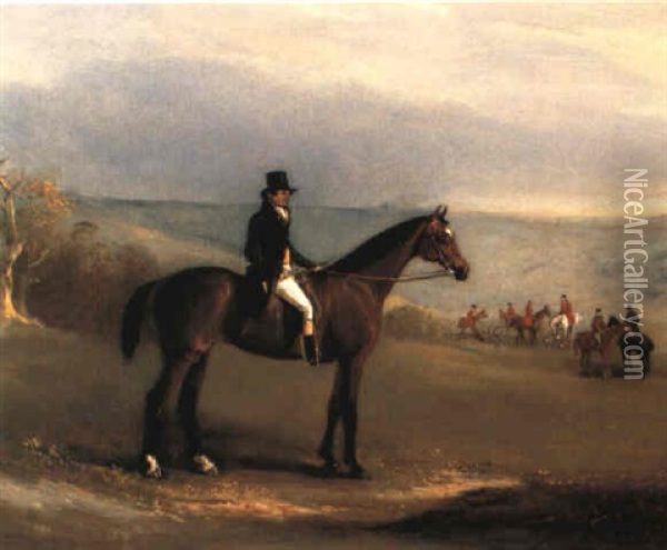 A Huntsman On His Bay Hunter In A Landscape, The Hunt Beyond Oil Painting - John Ferneley Jr.