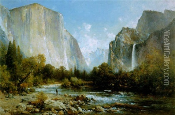 A Fisherman And His Dog On The Bank Of The Merced River, Yosemite Oil Painting - Thomas Hill