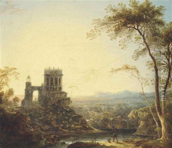 An Extensive River Landscape With A Fisherman By The Shore, Before A Tower Oil Painting - Sebastian Pether
