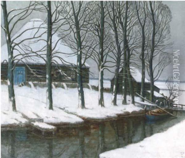 Farmyard In Winter Oil Painting - William Degouve de Nuncques
