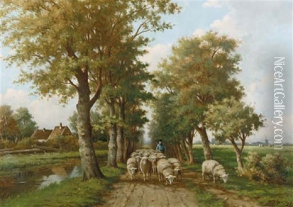 Minding The Flock On A Summer's Day Oil Painting - Adriaan Marinus Geyp