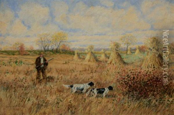 Hunter With Dogs On Point Oil Painting - Dwight W. Huntington