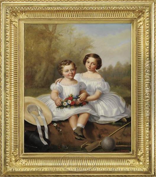 Portrait Of Two Sisters Oil Painting - Alfred Henri Darjou