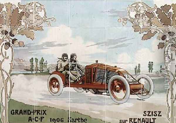 Szisz driving a Renault car in the French Grand Prix of 1906 at Sarthe Oil Painting - Ernest Montaut