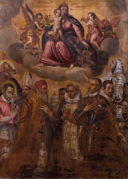 Madonna Del Rosario Col Bambino Alla Presenza Di San Carloborromeo E Due Santi, Oil Painting - Grazio Cossali