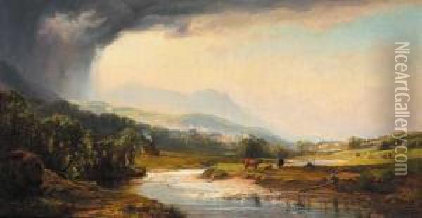 Landscape With A View Towards A Town And Grazing Cattle In Foreground Oil Painting - John Faulkner