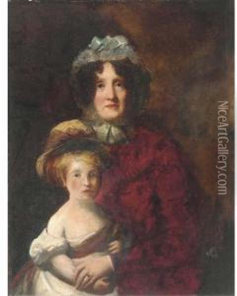 Portrait Of Euphemia A. Murray 
Of Lintrose (b.1769) And Herdaughter, Half-length, The Mother In A Red 
Dress, The Daughter In Awhite Dress Oil Painting - William Dyce