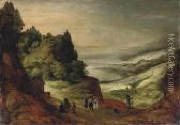An Extensive Mountainous River 
Landscape With Figures Conversing On A Track, A Village Beyond Oil Painting - Joos De Momper