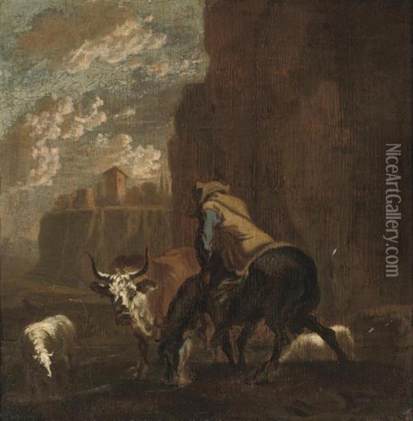 A River Landscape With A Drover And His Cattle Oil Painting - Nicolaes Berchem