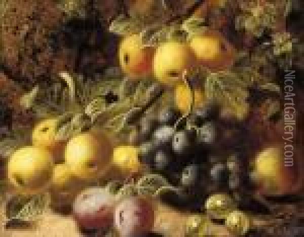 Plums, Grapes And Gooseberries 
On A Mossy Bank; And Flowers And A Bird's Nest On A Mossy Bank Oil Painting - Oliver Clare