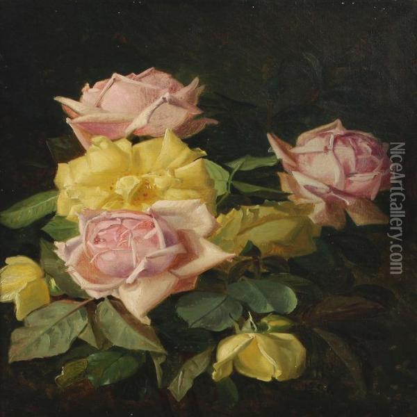 Still Life With Roses Oil Painting - Niels Peter Rasmussen