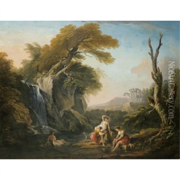 A Classical Landscape With Women Bathing By A Waterfall With Two Boys Looking On Oil Painting - Jean Baptiste Lallemand