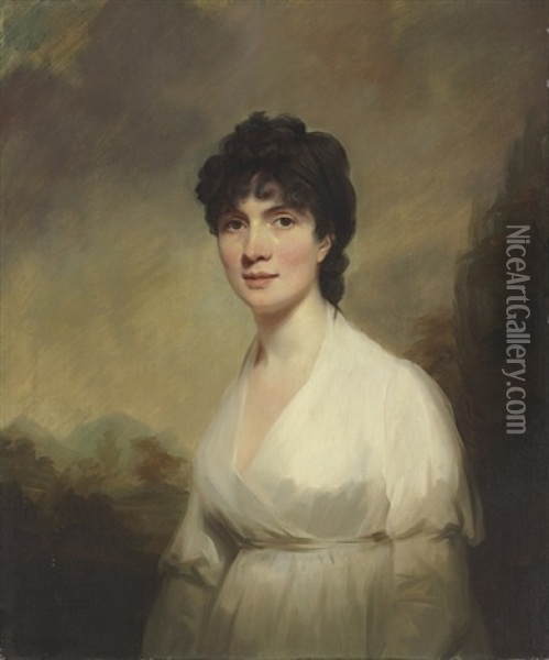 Portrait Of A Lady, Identified As Mrs. Walter Learmouth (1772-1832), Half-length, In A White Dress, A Landscape Beyond Oil Painting - Sir Henry Raeburn