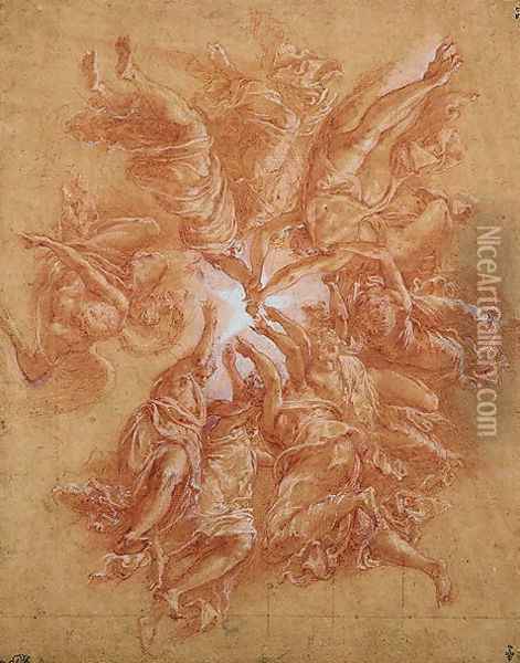 The Angels Showing the Star to the Magi, study for the ceiling of the chapel of the Hotel de Guise, c.1555-60 Oil Painting - Francesco Primaticcio
