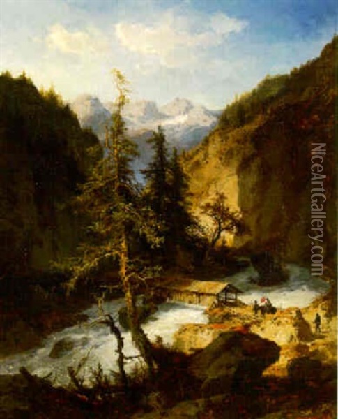 An Alpine River Crossing Oil Painting - Joseph Brunner
