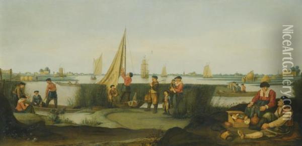 Fishermen On The Banks Of A River Estuary Oil Painting - Arentsz van der Cabel