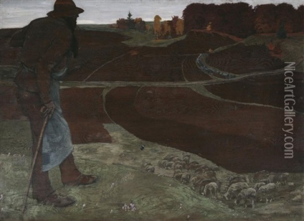 Schafer Mit Herde Im Weiter Pfalzischer Herbstlandschaft Oil Painting - Reinhold Max Eichler
