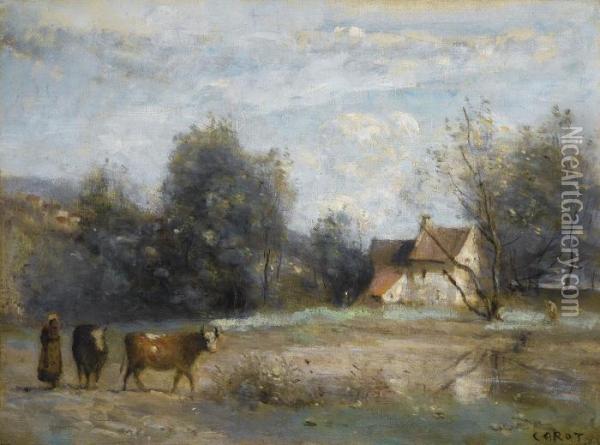 Luzancy, Petites Maisons De Paysans Au Bord De L'eau Oil Painting - Jean-Baptiste-Camille Corot