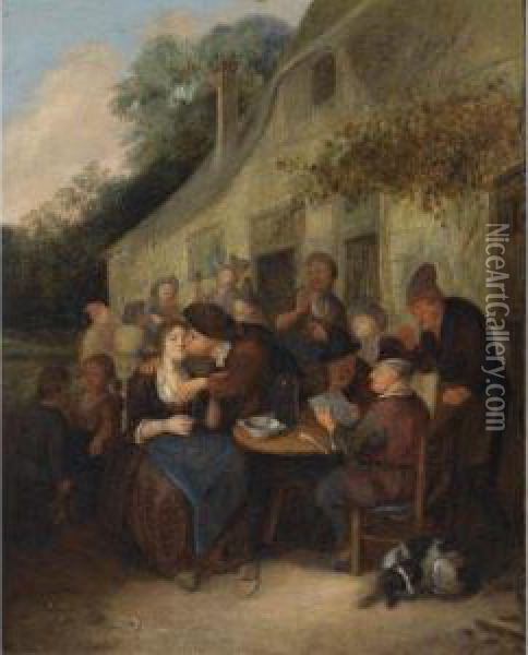 Peasants Gathered Outside A 
Tavern With A Man Reading A Paper, An Amorous Couple, And A Fiddler In 
The Background Oil Painting - Richard Brakenburgh