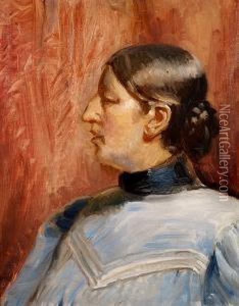 A Portrait Of The Artist's Wife, Anna Ancher, Seen In Profile Oil Painting - Michael Ancher