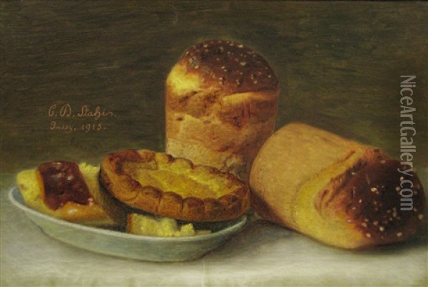 Two Entire Cakes On A Plate, A Christmas Cake And A Few Pieces Of Cake Oil Painting - Constantin Daniel Stahi