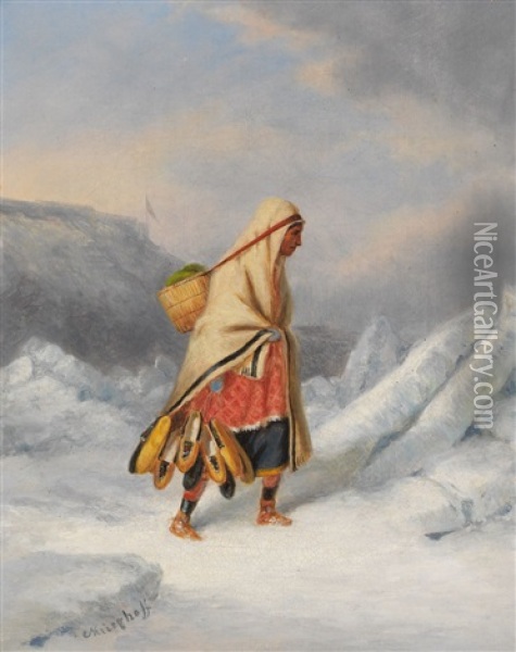 Indian Squaw Moccasin Seller Crossing The St. Lawrence River At Quebec Oil Painting - Cornelius David Krieghoff