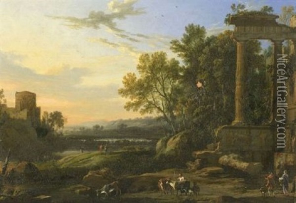 Figures And Livestock In A Pastoral Landscape With Ruins Oil Painting - Pierre Patel