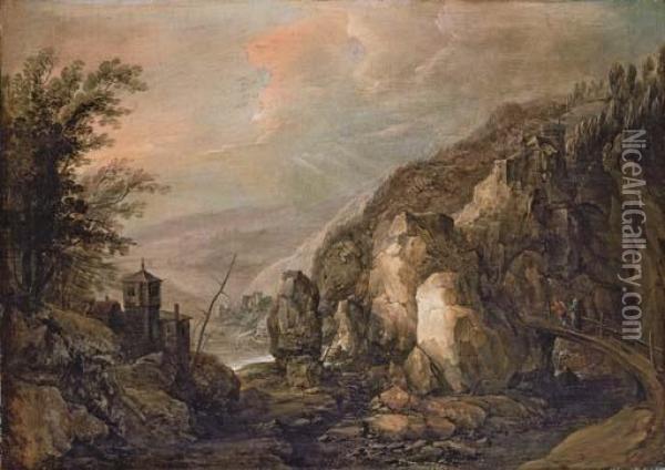 An Extensive Rocky Landscape With Peasants Crossing A Bridge, A Fortified Tower Beyond Oil Painting - Joos De Momper